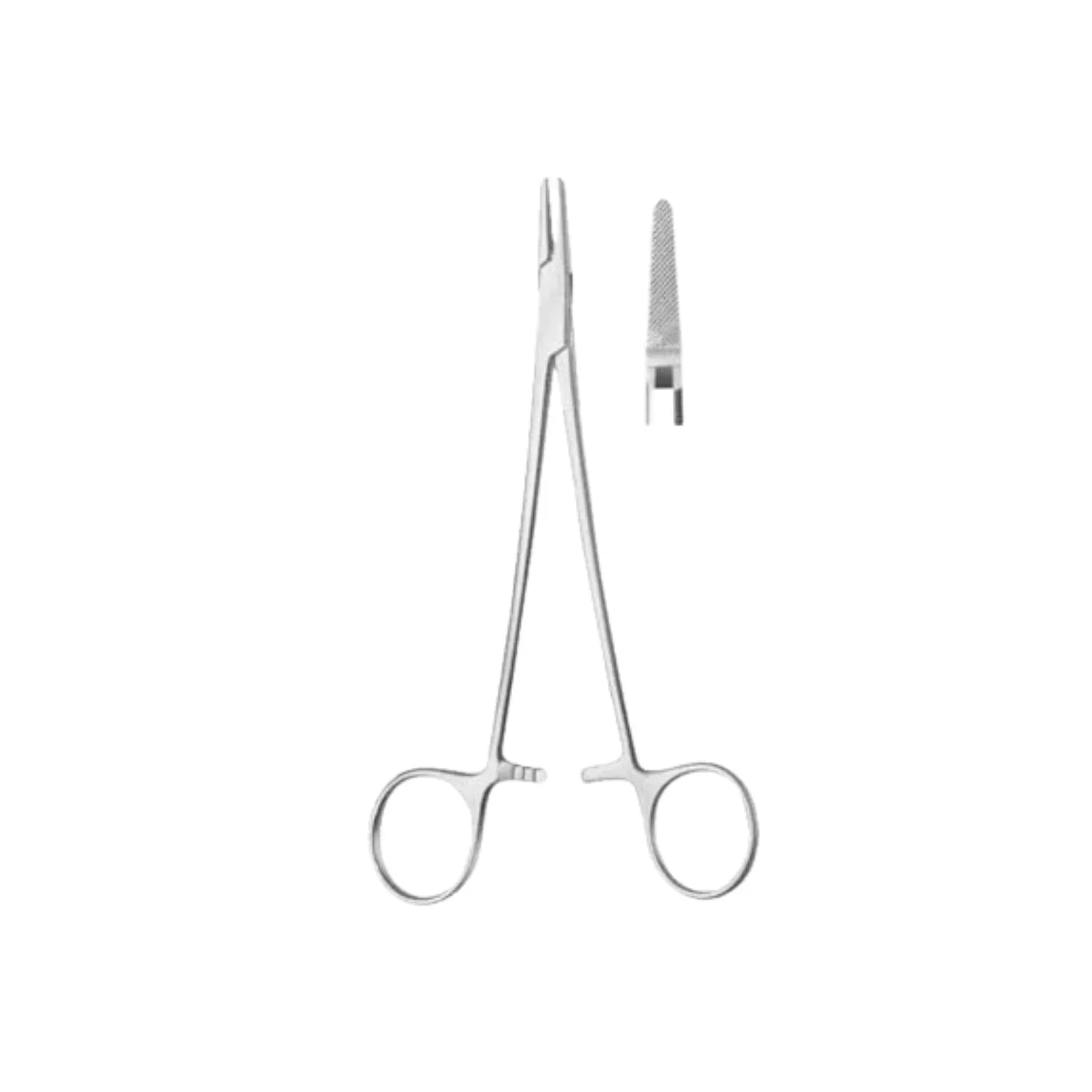 Stainless steel medical hemostat forceps with serrated jaws on white background