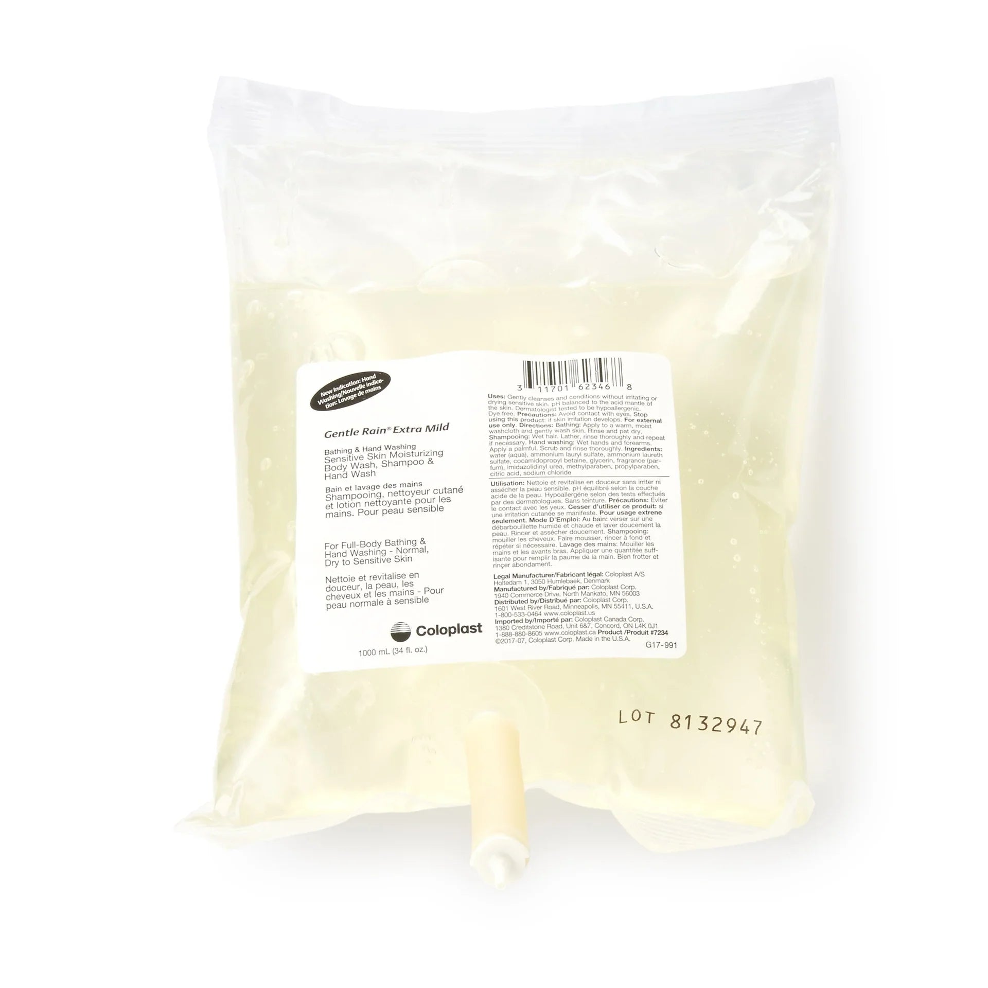 Gentle Rain Extra Mild body wash refill bag for sensitive skin, 1000ml, labeled packaging