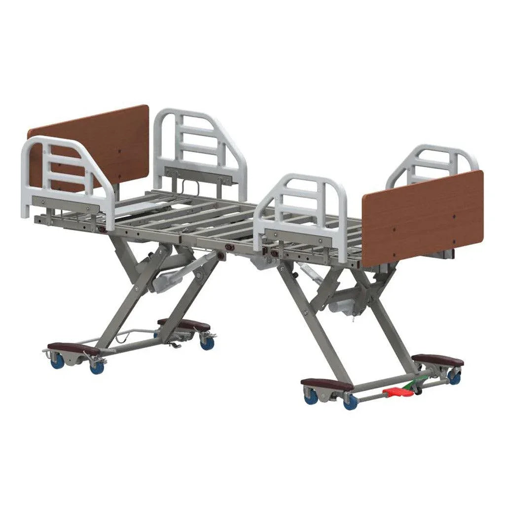 Adjustable hospital bed with side rails and wooden headboard on wheels for home care