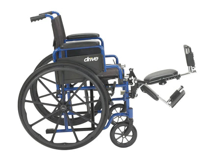 Blue medical wheelchair with elevated leg rests and black cushioned seat, side view