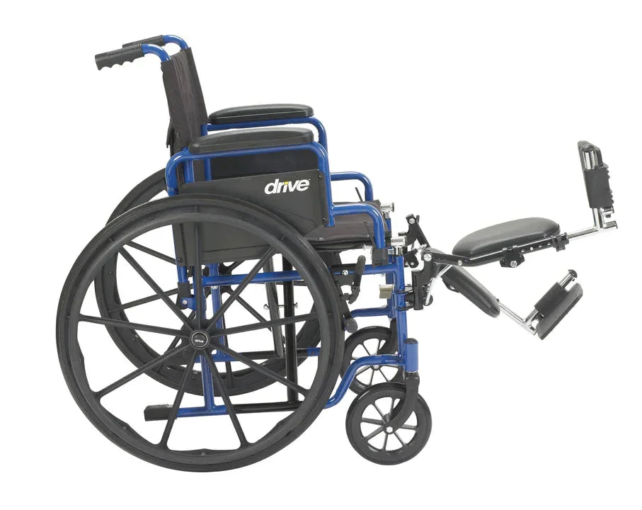 Blue manual wheelchair with adjustable leg rests and black seat, photographed side view.