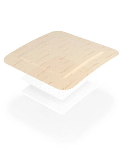 Layered medical wound dressing pad with beige adhesive border, suitable for home care