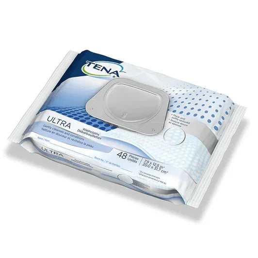 TENA Ultra adult washcloths pack, 48 unscented disposable wipes for personal hygiene