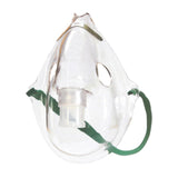 Clear oxygen mask with green elastic strap for respiratory therapy and medical care