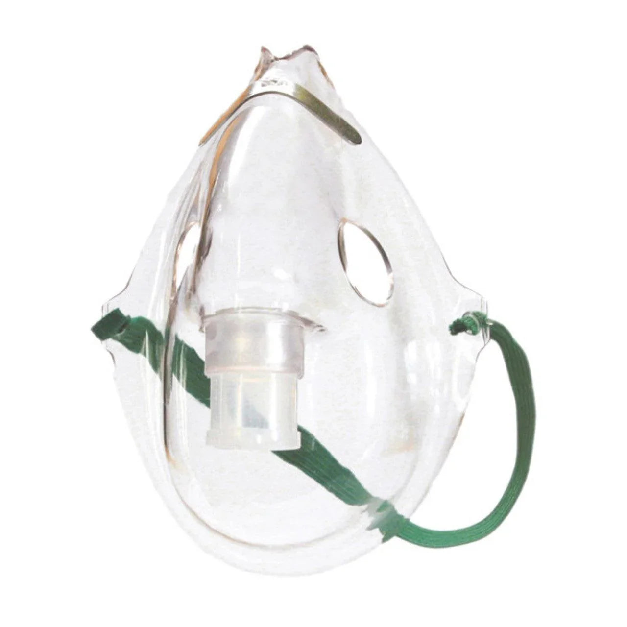Clear oxygen mask with green elastic strap for respiratory therapy and medical care
