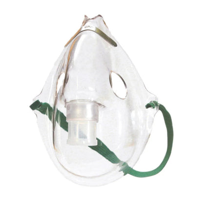Clear oxygen mask with green elastic strap for respiratory therapy and medical care