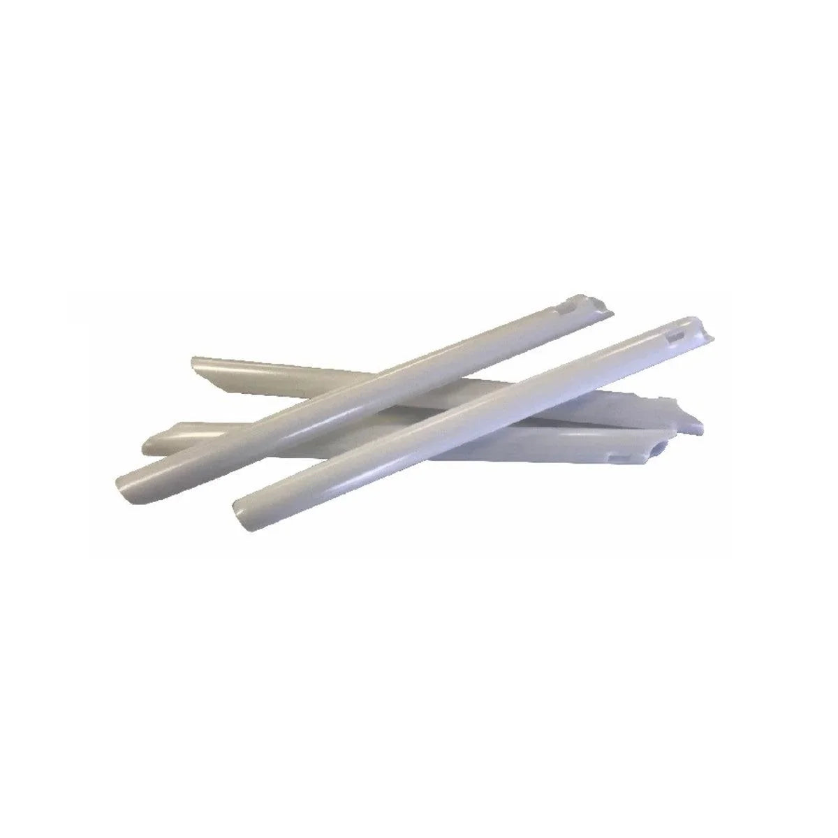 Four white plastic medical splints on a white background, home care medical supplies