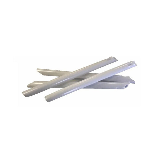 Four white plastic medical splints on a white background, home care medical supplies