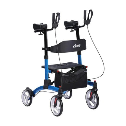 Blue rollator walker with armrests, seat, storage bag, and large wheels for mobility support