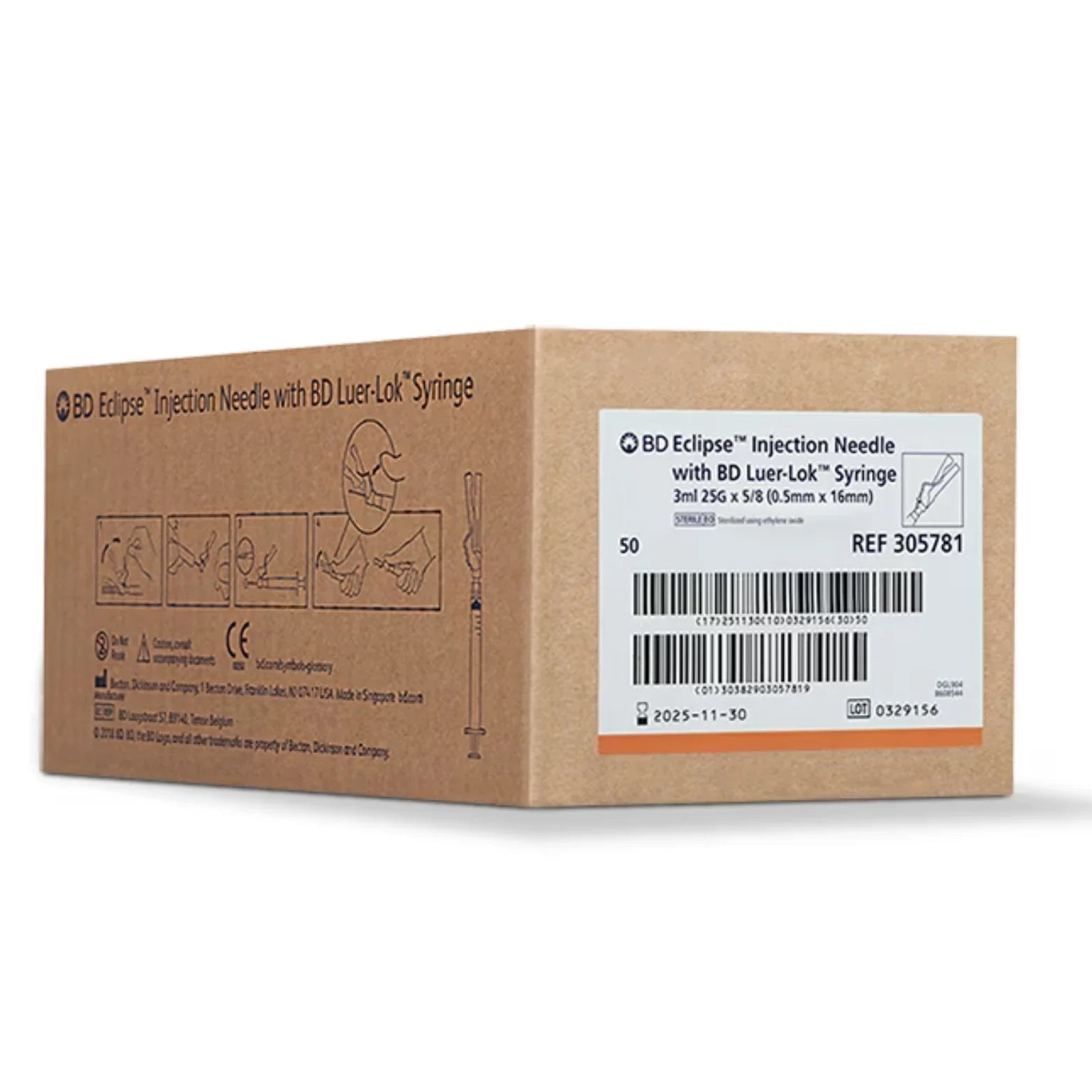 Box of BD Eclipse injection needles with BD Luer-Lok syringes, 3ml 25G, medical supplies