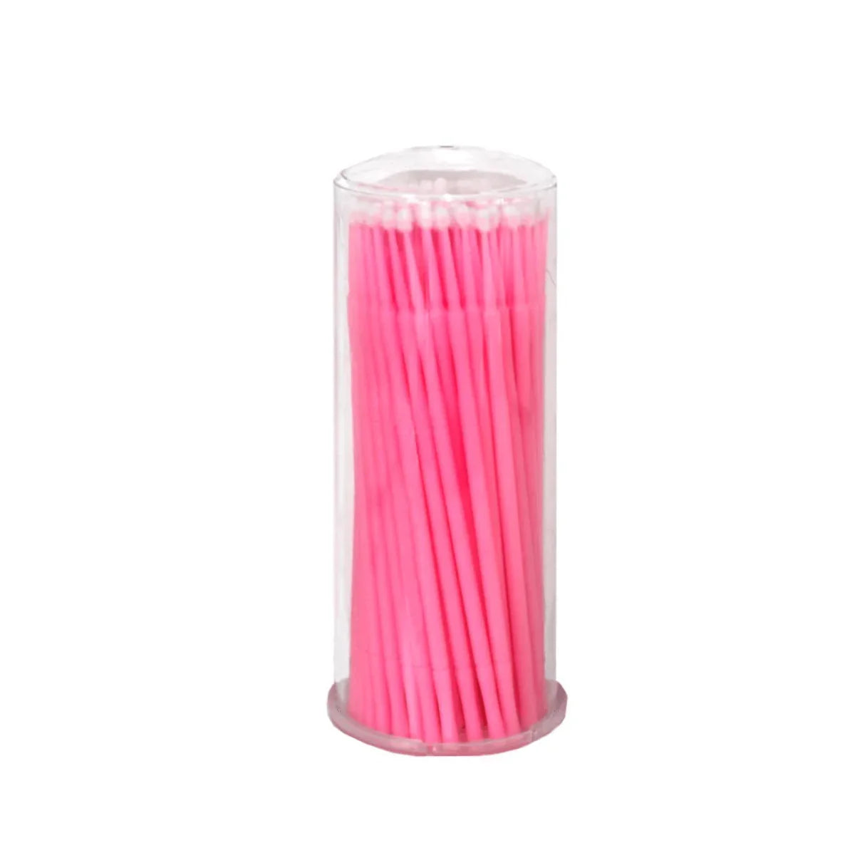 Clear container of pink disposable cotton swabs for esthetic or home care use