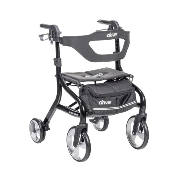 Lightweight black rollator walker with seat, storage pouch, and large wheels for mobility assistance