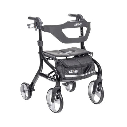 Lightweight black rollator walker with seat, storage pouch, and large wheels for mobility assistance
