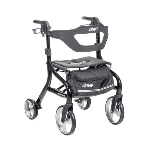Lightweight black rollator walker with seat, storage pouch, and large wheels for mobility assistance