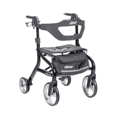 Lightweight black rollator walker with seat, storage pouch, and large wheels for mobility support