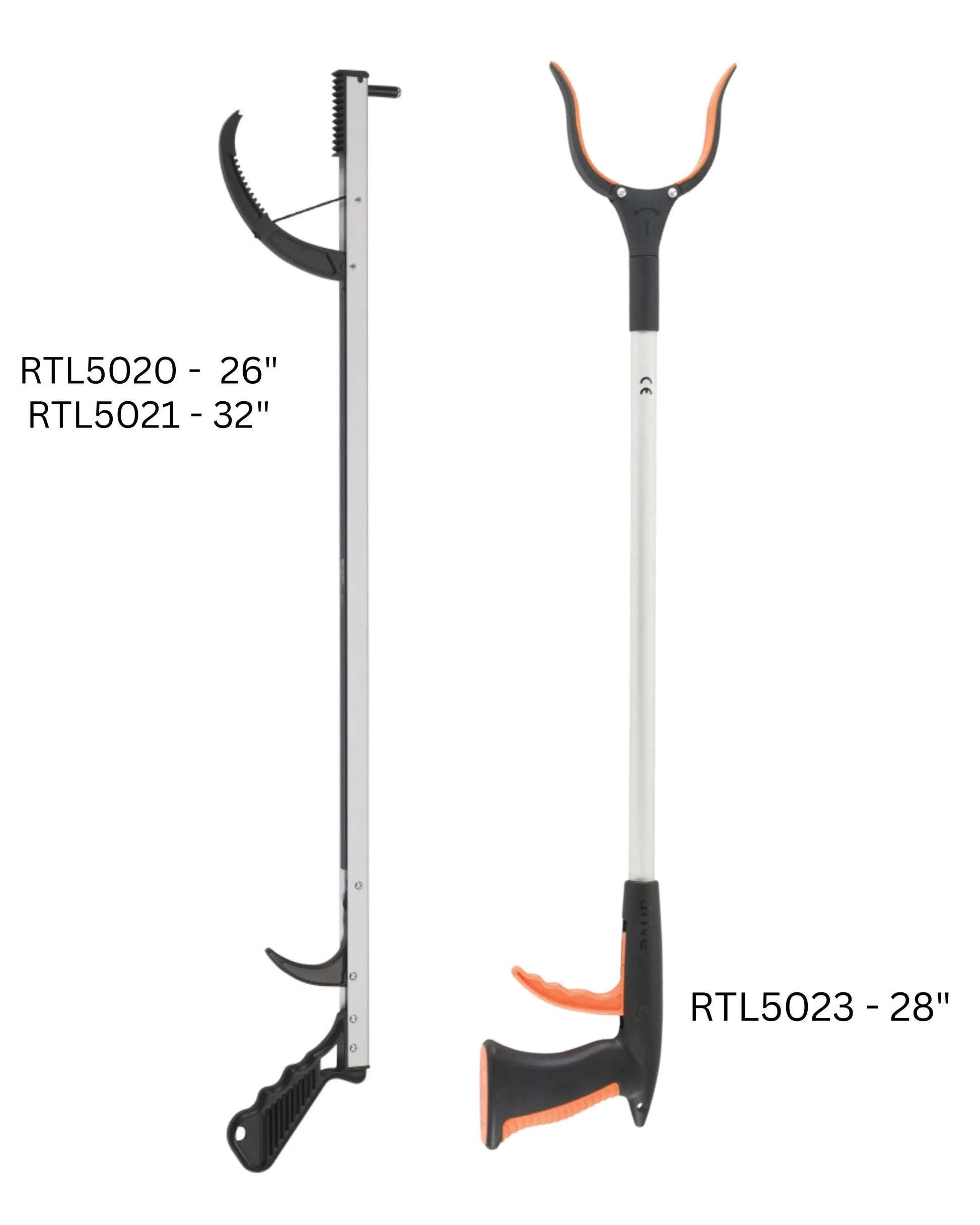 Assistive reacher grabber tools in different sizes with ergonomic handles, RTL5020, RTL5021, RTL5023
