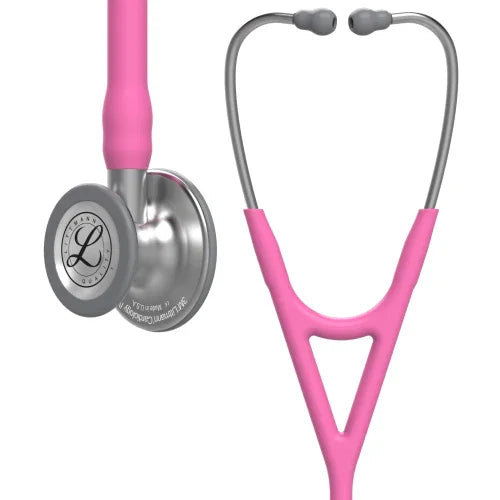 Pink Littmann stethoscope for medical and home care use, close-up of chest piece and tubing.