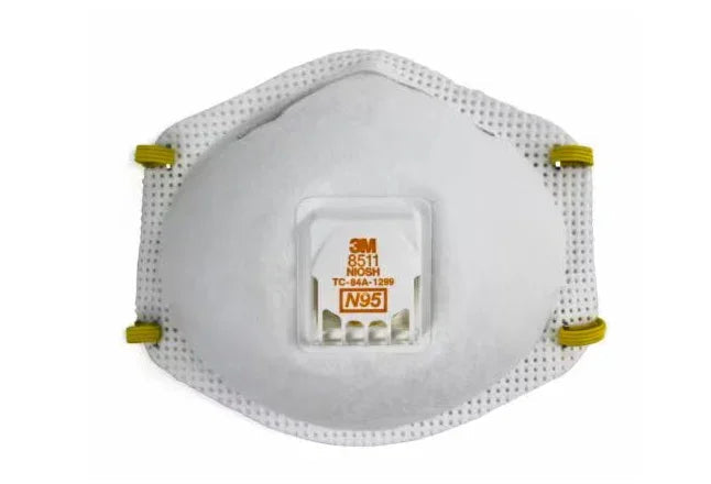 N95 respirator mask with exhalation valve and yellow straps, medical protective equipment
