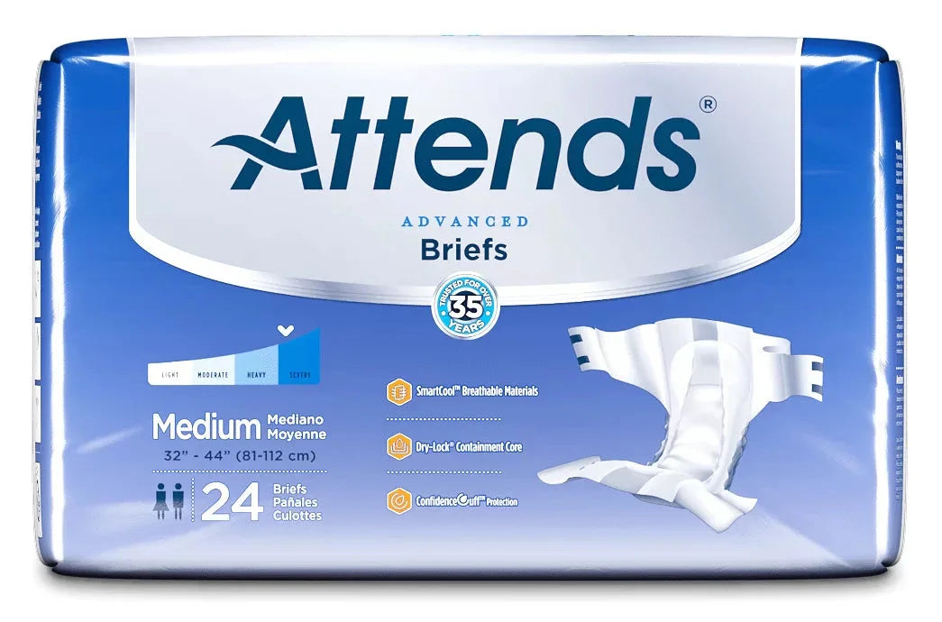 Attends Advanced Briefs medium adult diapers package, 24 count, for heavy incontinence protection