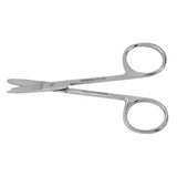 Stainless steel medical bandage scissors with blunt tip on white background