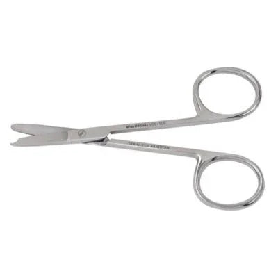 Stainless steel medical bandage scissors with blunt tip on white background