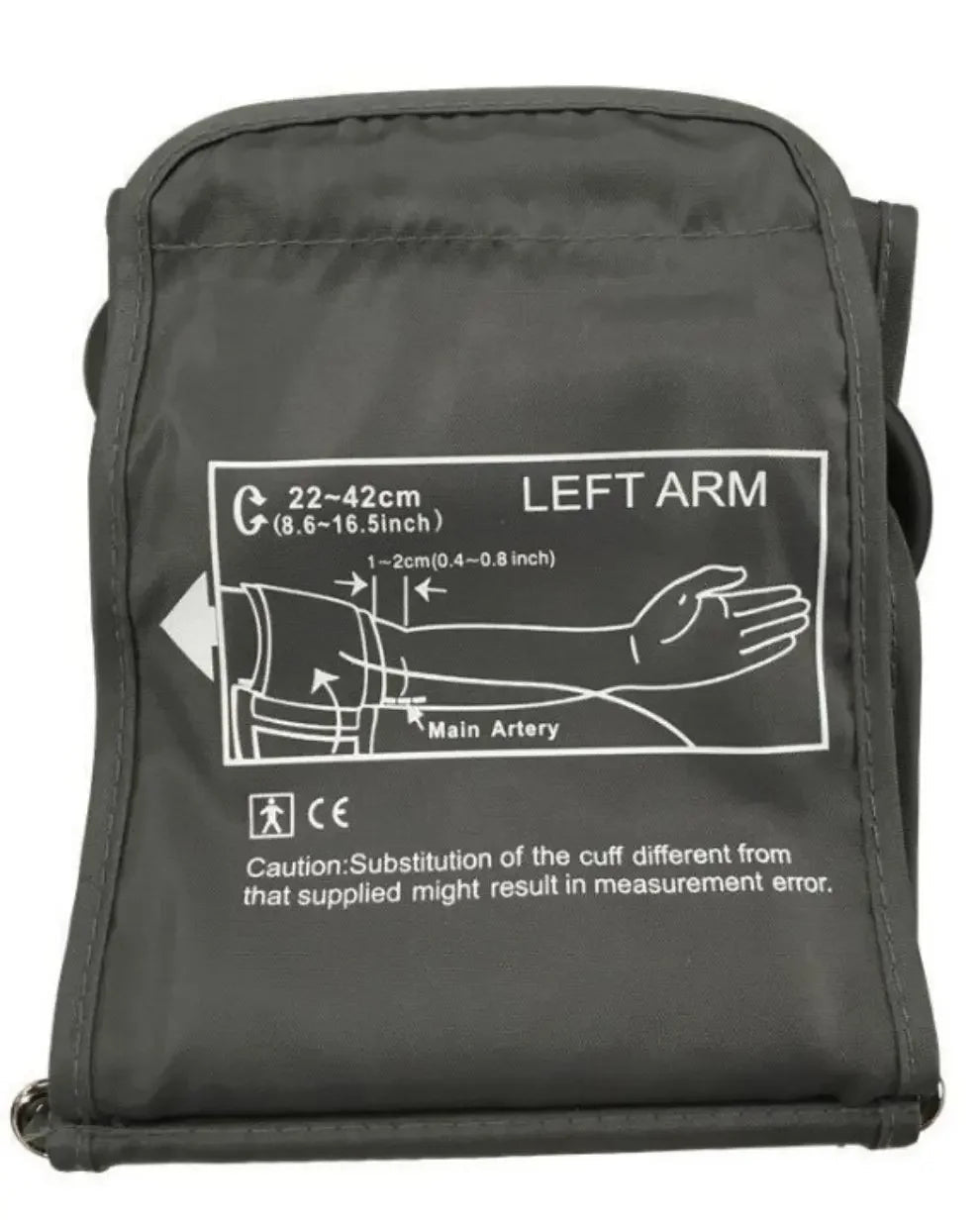 Replacement blood pressure monitor cuff for left arm, size 22-42 cm, with usage diagram.