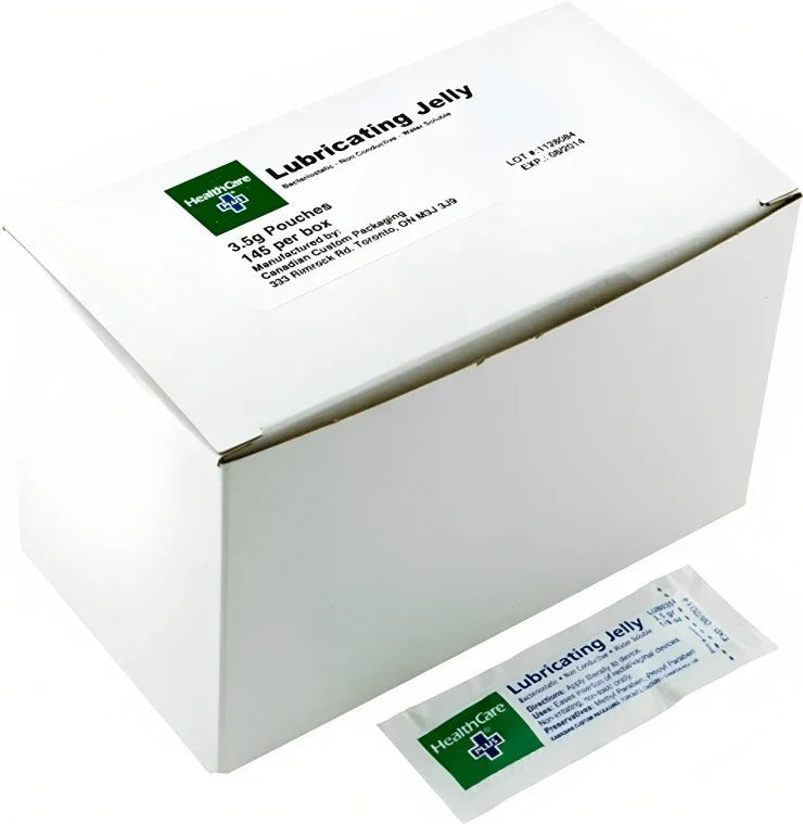 Box of lubricating jelly single-use pouches for medical and home care supplies