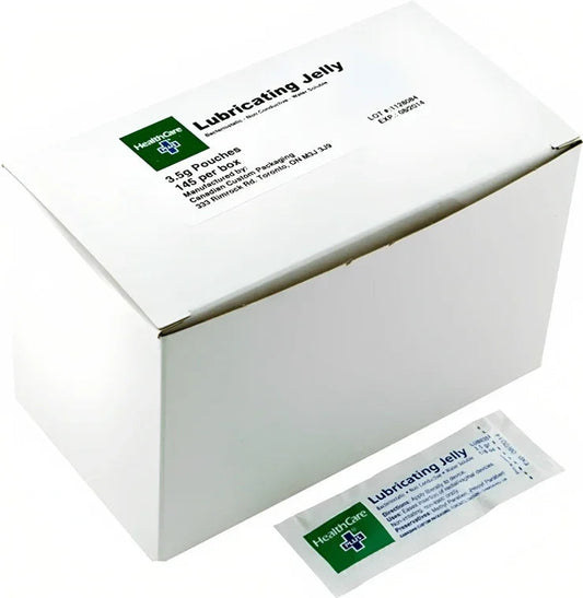 Box of lubricating jelly single-use pouches for medical and home care supplies
