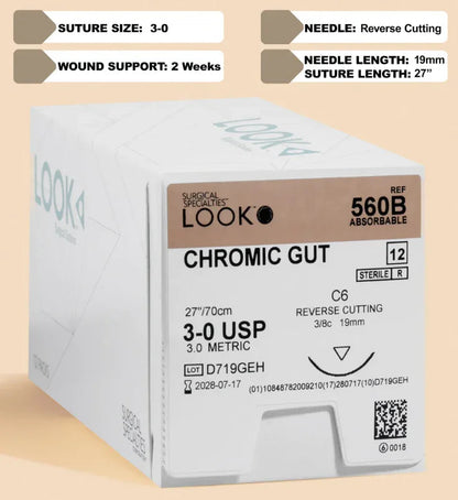 Chromic gut absorbable surgical sutures 3-0 USP, reverse cutting needle, 27 inch length