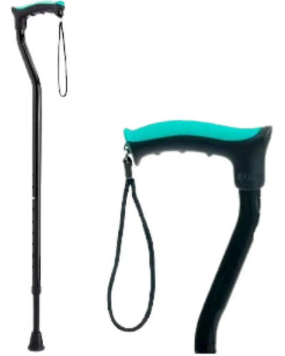 Adjustable black walking cane with teal ergonomic handle and wrist strap for mobility support