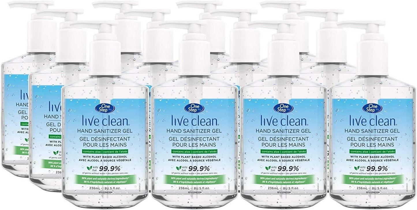 Multiple bottles of Live Clean hand sanitizer gel with pump tops, containing plant-based alcohol and aloe.