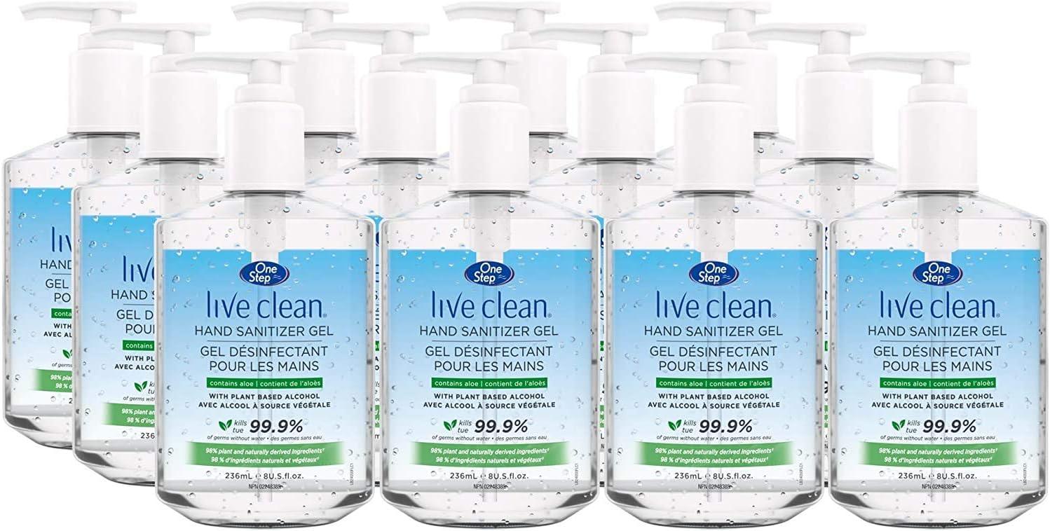 Pack of One Step Live Clean hand sanitizer gel bottles with aloe, 236ml, pump dispensers