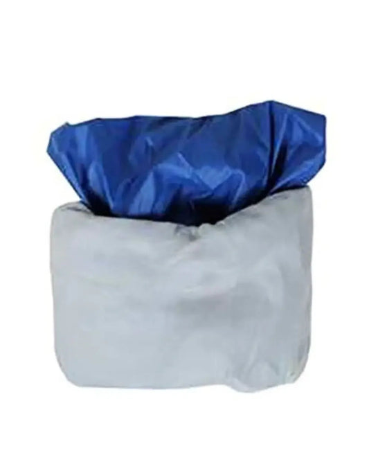 Blue disposable commode liner in white container for home care and medical use