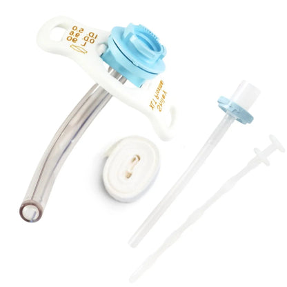 Medical tracheostomy tube kit with curved tube, neck strap, and disposable inner cannula