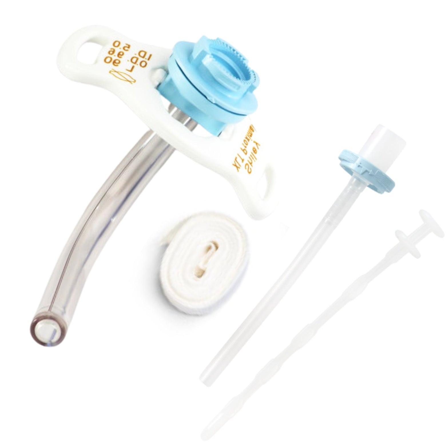 Medical tracheostomy tube kit with curved tube, neck strap, and inner cannula on white background