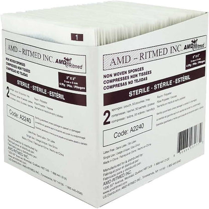 Box of AMD-Ritmed sterile non-woven sponges, 2x2 inch, medical supplies.