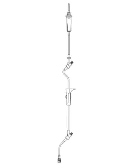 IV administration set medical tubing with drip chamber and connectors on white background