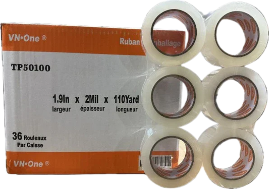 Six rolls of clear packing tape beside a box labeled 1.9in x 2mil x 110yard, 36 rolls per case
