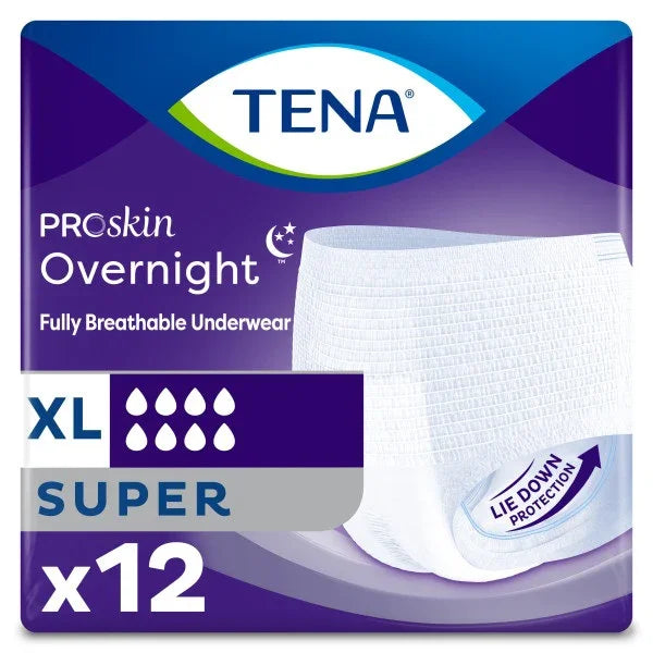 TENA ProSkin Overnight XL super absorbent adult underwear, pack of 12, breathable, for nighttime protection.