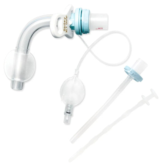 Tracheostomy tube with cuff, curved airway device, and included medical accessories on white background