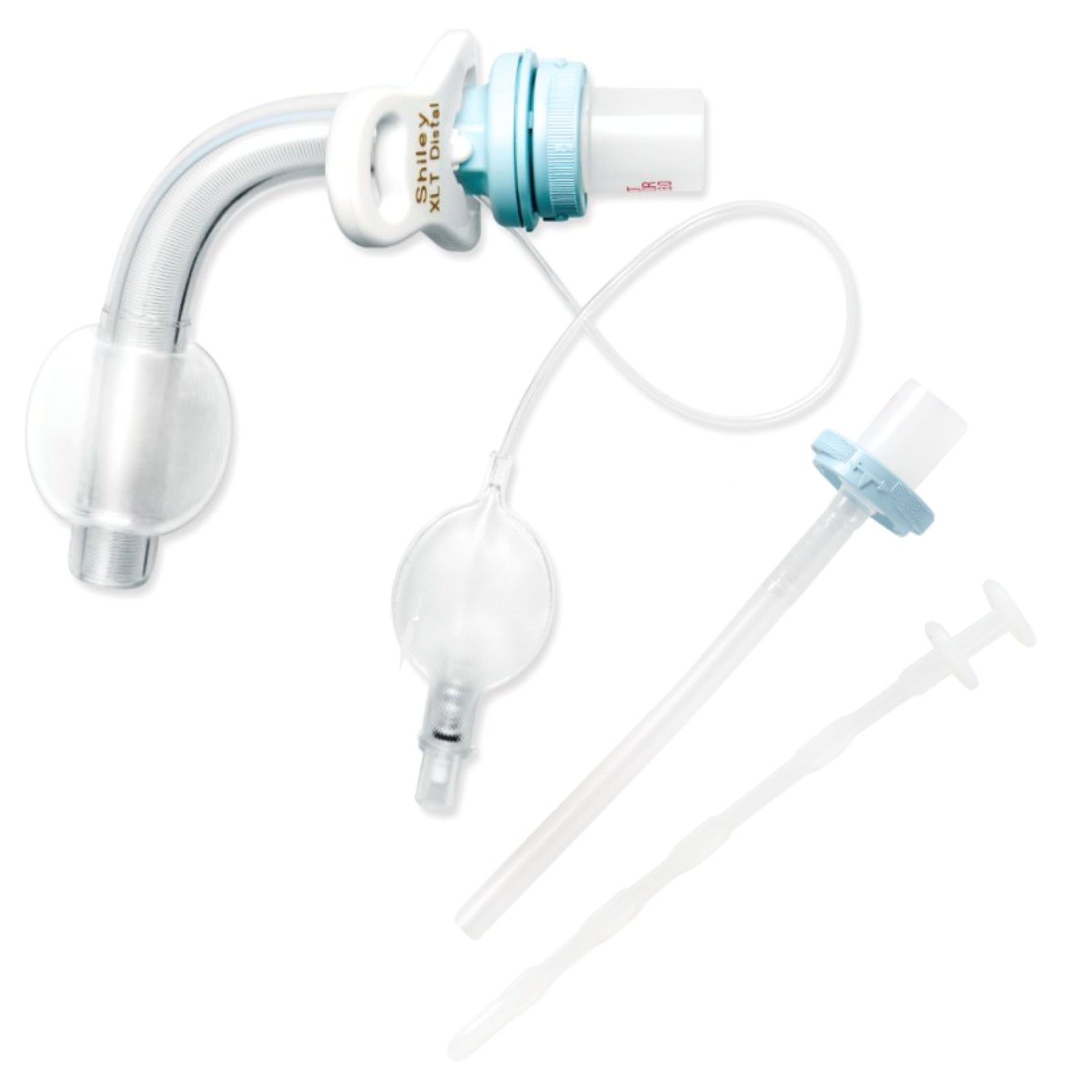 Medical tracheostomy tube set with clear cuff, adapter and suction catheter on white background