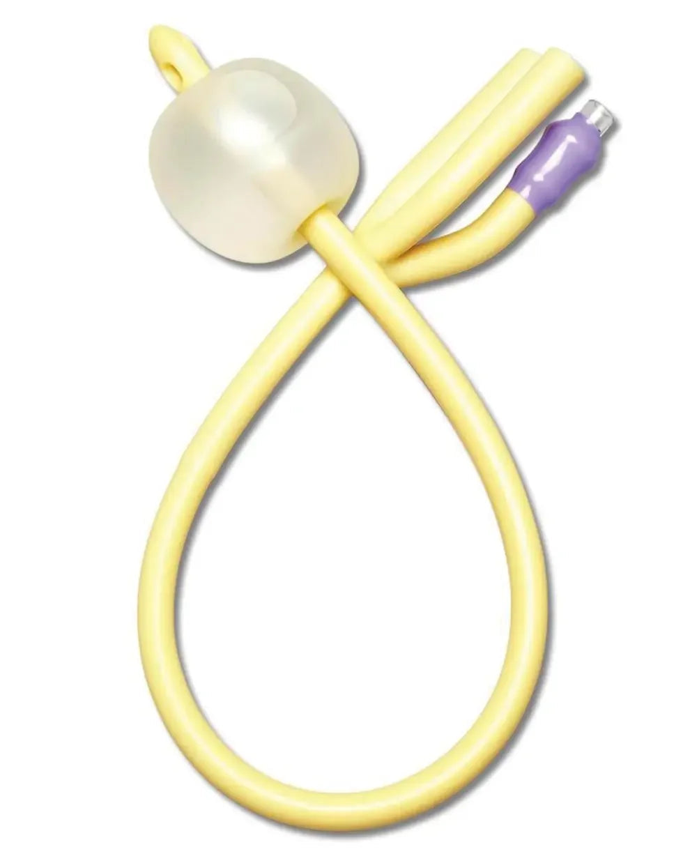 Latex Foley catheter with balloon, medical urinary drainage tube on white background