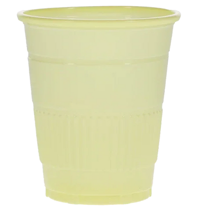 Disposable yellow plastic cup for medical or home care supplies