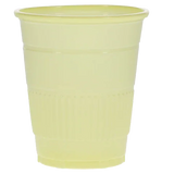 Yellow disposable plastic cup for medical or home care use, isolated on white background