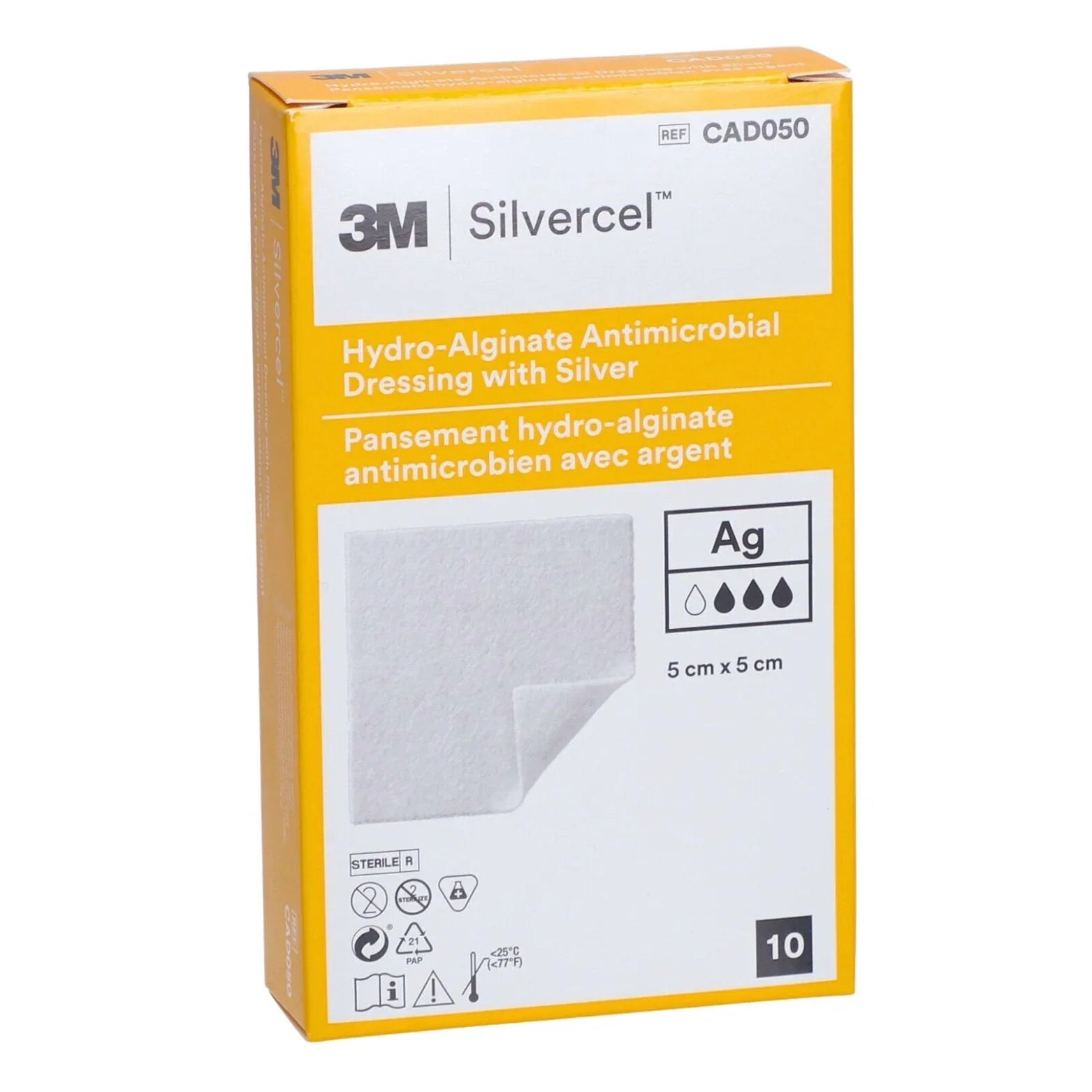3M Silvercel hydro-alginate antimicrobial wound dressing with silver, 5 cm x 5 cm, box of 10