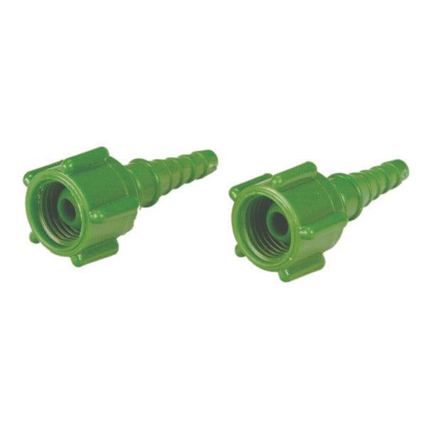 Pair of green plastic hose barb connectors with threaded ends for medical tubing