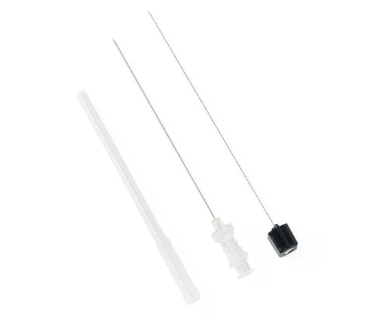 Sterile epidural needle set with safety cap and introducer on white background