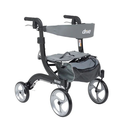 Lightweight mobility rollator walker with four wheels, seat, and storage pouch