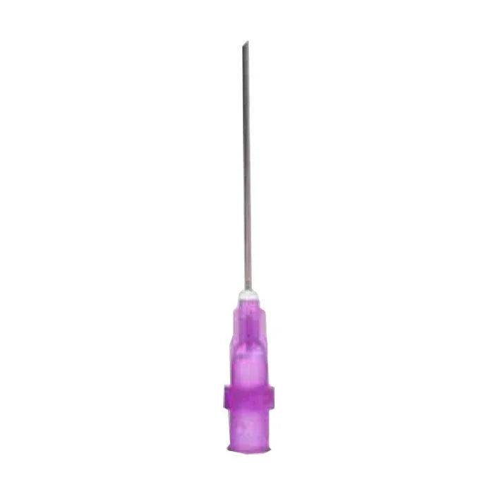 Purple medical hypodermic needle for injections or IV, isolated on white background