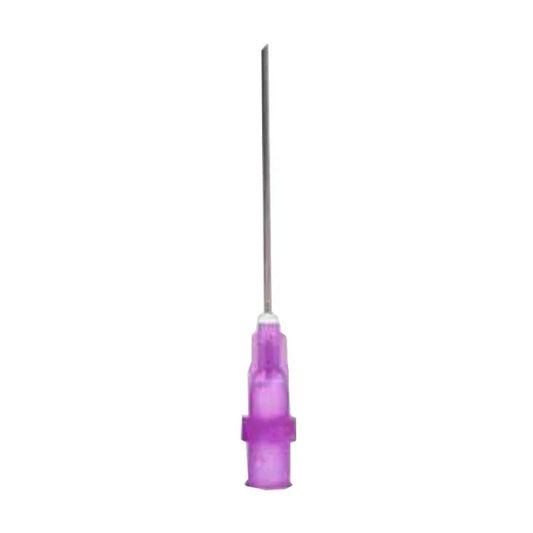 Purple medical hypodermic needle for injections or IV, isolated on white background